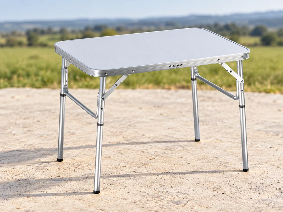 Camp Active — table pliante à poignée — Cadre aluminium arrondi, plateau clair et pieds fins à renforts conservés ; toute la vaisselle orange a été retirée. Une table seule vide.