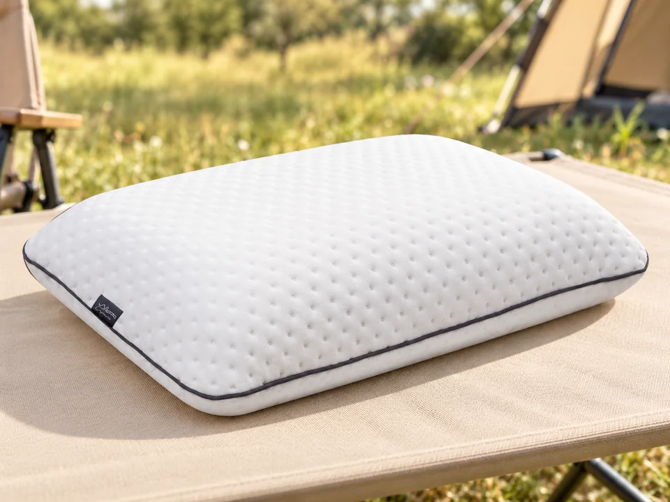 alkamto — oreiller de voyage blanc — Détail du coussin blanc seul ; sac et housse supplémentaire non montrés.